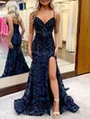 Trumpet/Mermaid V-neck Sequined Sweep Train Prom Dresses With Split Front #Milly020121898
