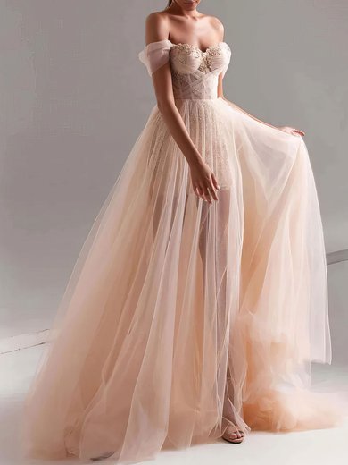 Ball Gown Off-the-shoulder Tulle Sweep Train Prom Dresses With Sequins #Milly020121901