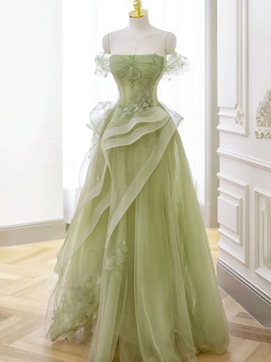 Ball Gown Off-the-shoulder Tulle Floor-length Prom Dresses With Beading #Milly020121904