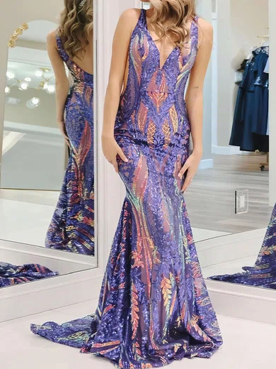 Mermaid V-neck Backless Sparkly Sequin Prom Dresses #Milly020121907