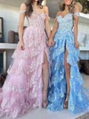 Ball Gown Off-the-shoulder Tulle Sweep Train Prom Dresses With Appliques Lace #Milly020121909