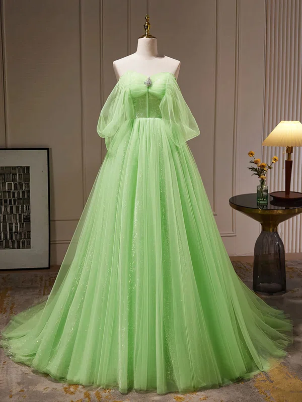 Ball Gown/Princess Off-the-shoulder Tulle Glitter Sweep Train Prom Dresses With Crystal Brooch #Milly020121912