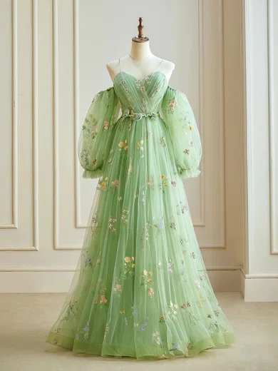Ball Gown Sweetheart Tulle Puff Sleeve Floral Prom Dresses With Ruched #Milly020121915