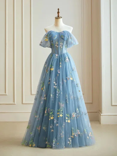 Ball Gown Off-the-shoulder Tulle Floral Prom Dresses With Ruched #Milly020121918