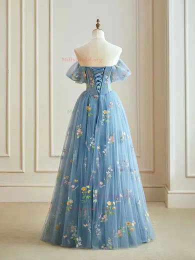 Tulle Off The Shoulder Satin Blue Ruched Prom Dress Tulle Off The Shoulder Satin Blue Ruched Prom Dress