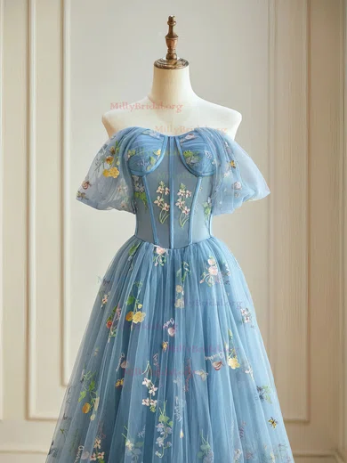 Tulle Off The Shoulder Satin Blue Ruched Prom Dress Tulle Off The Shoulder Satin Blue Ruched Prom Dress