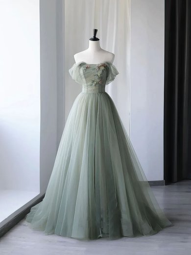 Ball Gown/Princess Off-the-shoulder Tulle Sweep Train Prom Dresses With Beading #Milly020121919
