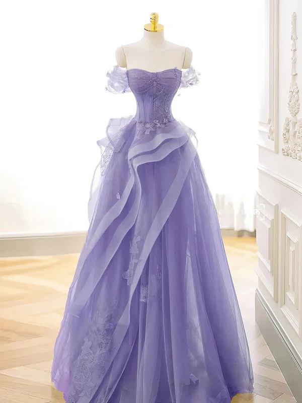 Ball Gown/Princess Off-the-shoulder Tulle Floor-length Prom Dresses With Beading #Milly020121920