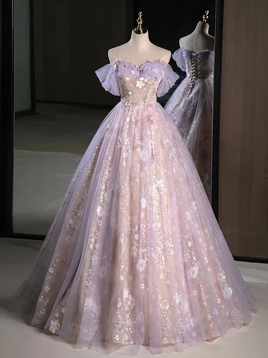 Ball Gown Off-the-shoulder Lace Tulle 3D Floral Prom Dresses #Milly020121921