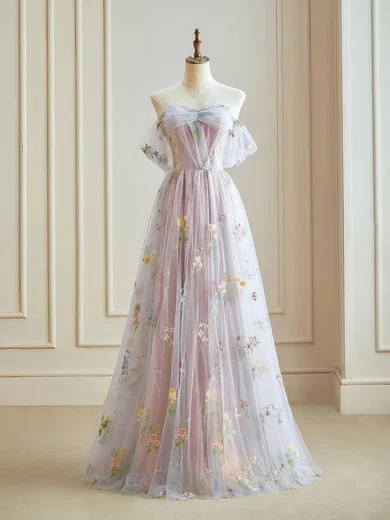 Ball Gown Off-the-shoulder Sequin Tulle Floral Prom Dresses With Ruched #Milly020121922