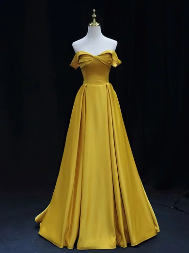 Ball Gown Off-the-shoulder Satin Prom Dresses With Ruched #Milly020121924