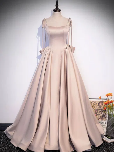 Ball Gown Square Neck Satin Modest Prom Dresses With Bow #Milly020121928