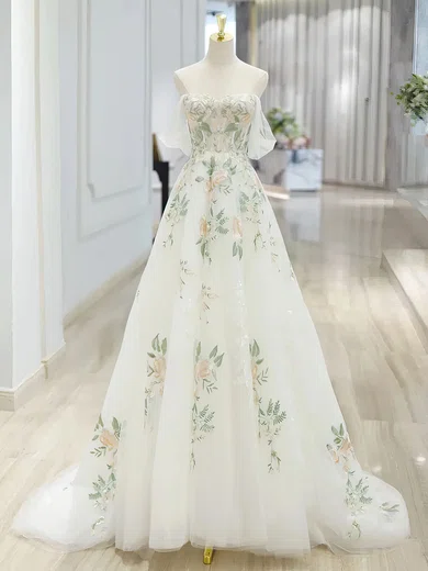 Ball Gown Off-the-shoulder Tulle Floral Prom Dresses #Milly020121937