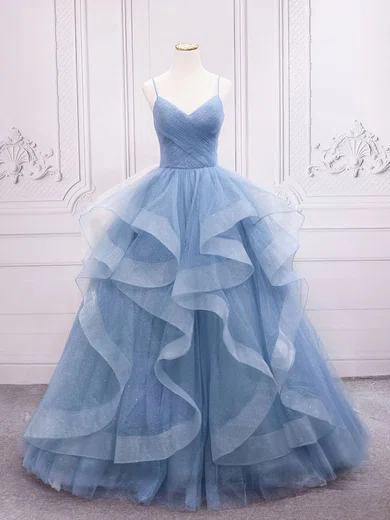 Ball Gown V-neck Tulle Ruffle Prom Dresses With Ruched #Milly020121939