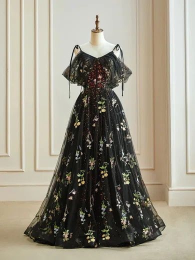 Ball Gown V-neck Tulle Floor-length Floral Prom Dresses #Milly020121944