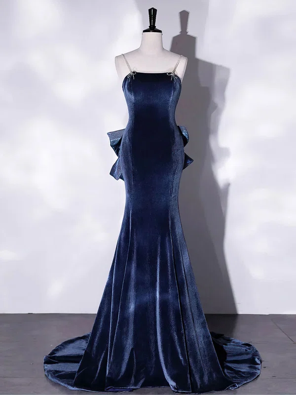 Trumpet/Mermaid Square Neckline Velvet Sweep Train Prom Dresses With Bow #Milly020121950