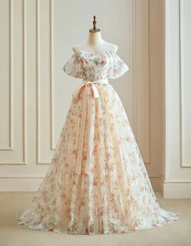 Ball Gown Off-the-shoulder Lace Floral Prom Dresses With Ruched #Milly020121953