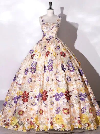 Ball Gown Square Neck Lace Floor-length 3D Floral Prom Dresses #Milly020121956