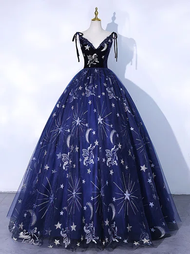 Ball Gown V-neck Tulle Floor-length Floral Prom Dresses #Milly020121957