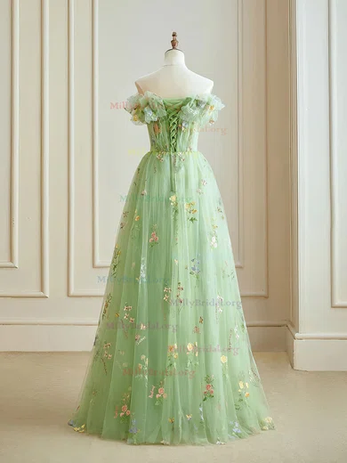 Ball Gown Tulle Floral Green Strapless Prom Dress