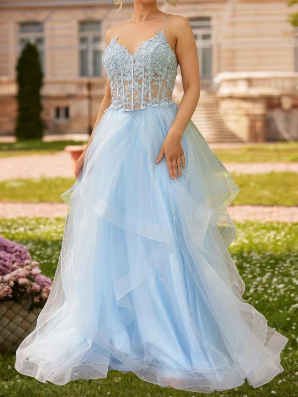Princess V-neck Tulle Ruffle Prom Dresses with Appliques #Milly020122018