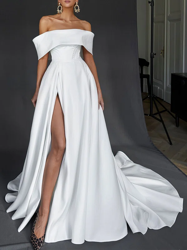 Ball Gown/Princess Off-the-shoulder Satin Chapel Train Wedding Dress #Milly00026816