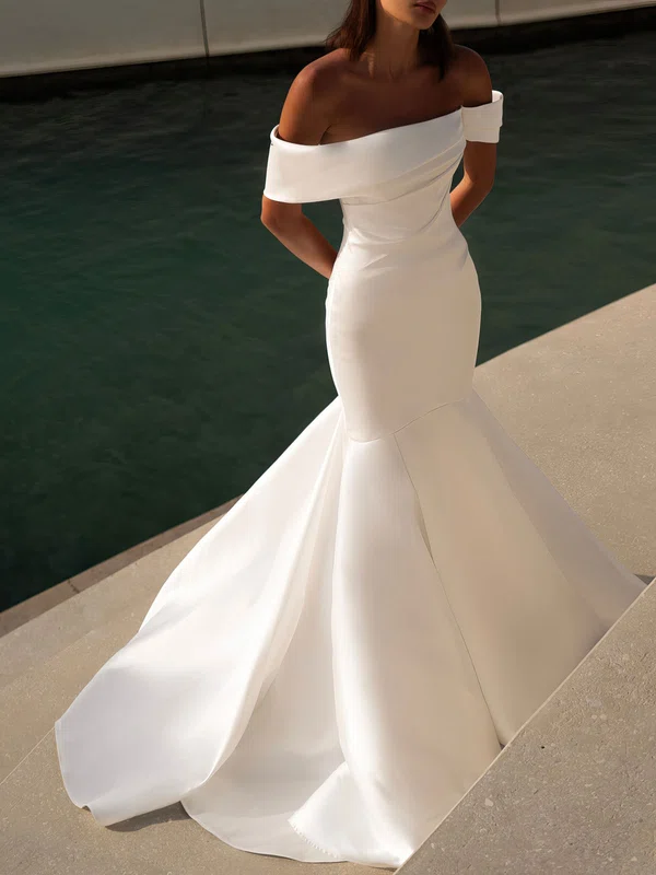 Trumpet/Mermaid Off-the-shoulder Satin Chapel Train Wedding Dress #Milly00026827