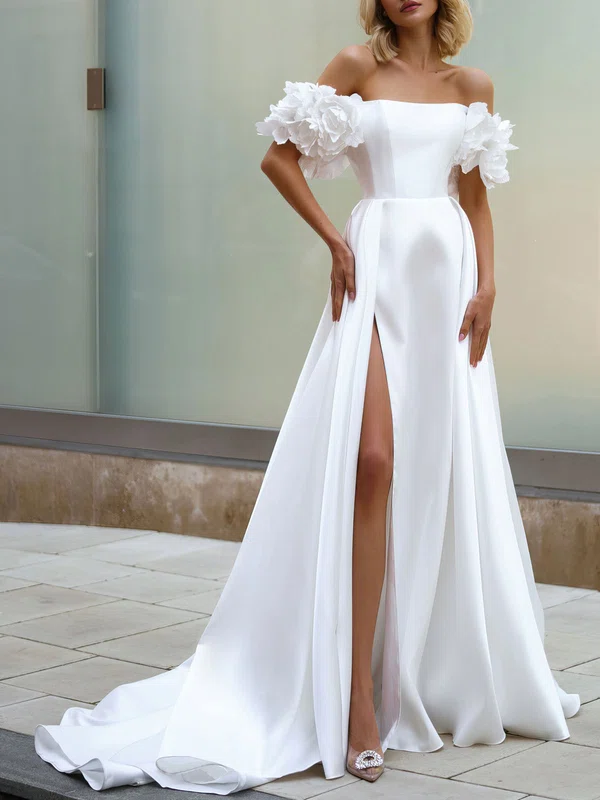 A-line Off-the-shoulder Satin Chapel Train Wedding Dress #Milly00026832