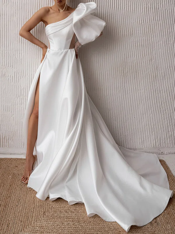 A-line One Shoulder Satin Chapel Train Wedding Dress #Milly00026834