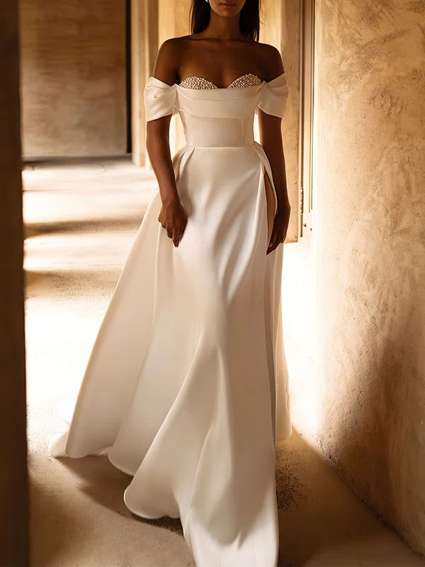 A-line Off-the-shoulder Satin Chapel Train Wedding Dress #Milly00026839