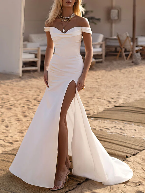 Trumpet/Mermaid Off-the-shoulder Satin Chapel Train Wedding Dress #Milly00026846