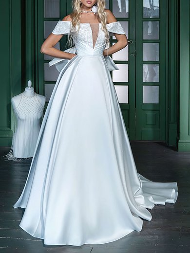 Ball Gown/Princess Off-the-shoulder Satin Watteau Train Wedding Dress #Milly00026854