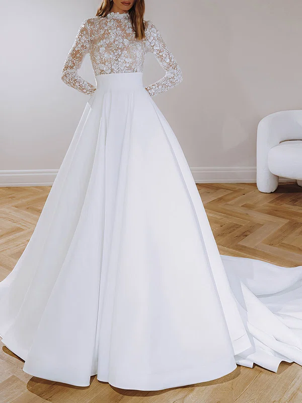 Ball Gown/Princess High Neck Lace Satin Chapel Train Wedding Dress #Milly00026860