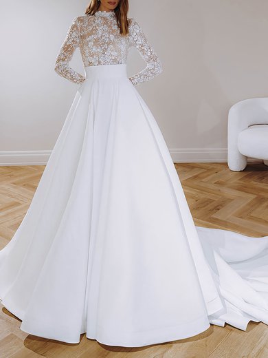 Ball Gown/Princess High Neck Lace Satin Chapel Train Wedding Dress #Milly00026860