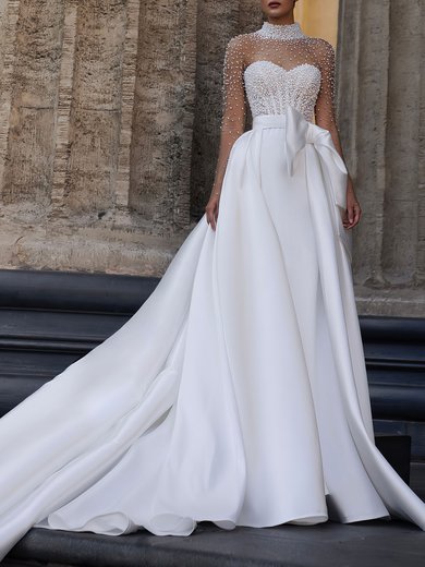 Ball Gown/Princess High Neck Satin Watteau Train Wedding Dress #Milly00026865