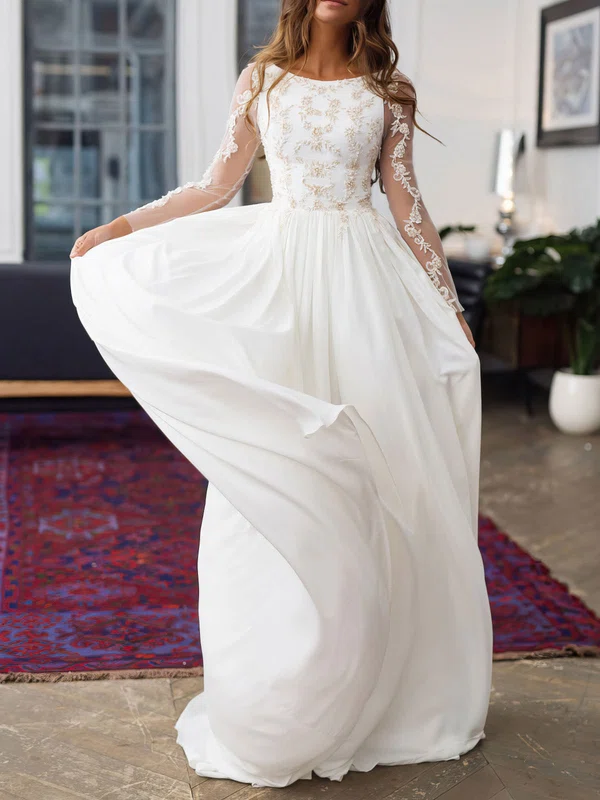 A-line Boat Neckline Chiffon Sweep Train Wedding Dress #Milly00026866