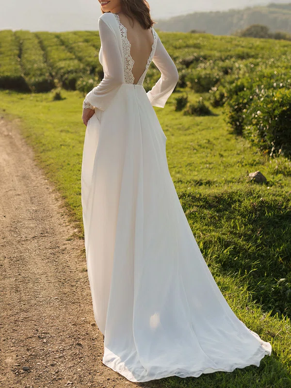 A-line Boat Neckline Chiffon Court Train Wedding Dress #Milly00026868