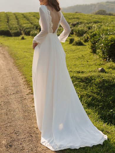 A-line Boat Neckline Chiffon Court Train Wedding Dress #Milly00026868