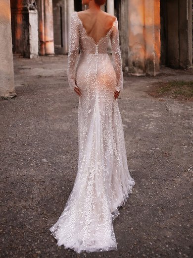 Trumpet/Mermaid Scoop Neck Lace Chapel Train Wedding Dress #Milly00026869