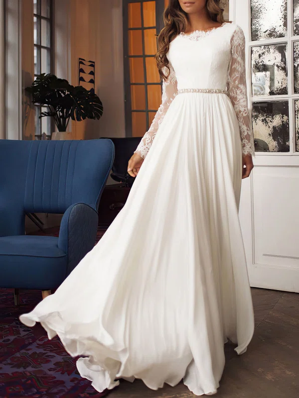 A-line Boat Neckline Lace Chiffon Sweep Train Wedding Dress #Milly00026870