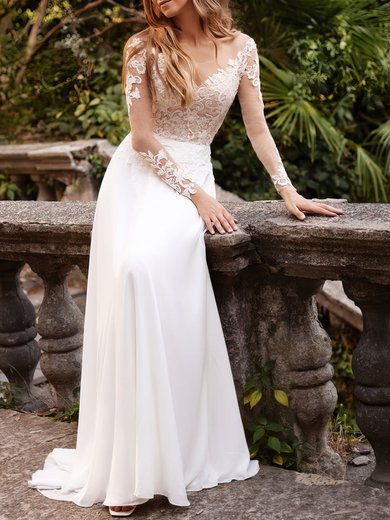 A-line Scoop Neck Chiffon Sweep Train Wedding Dress #Milly00026875