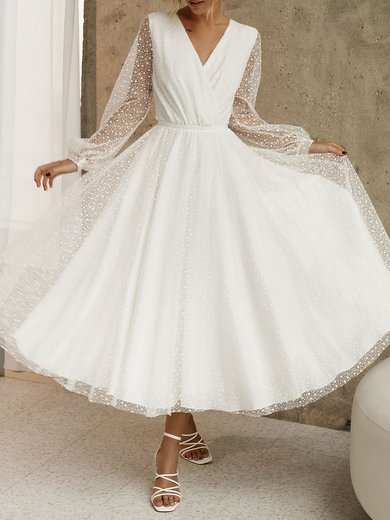 A-line V-neck Lace Tea-length Wedding Dress #Milly00026876