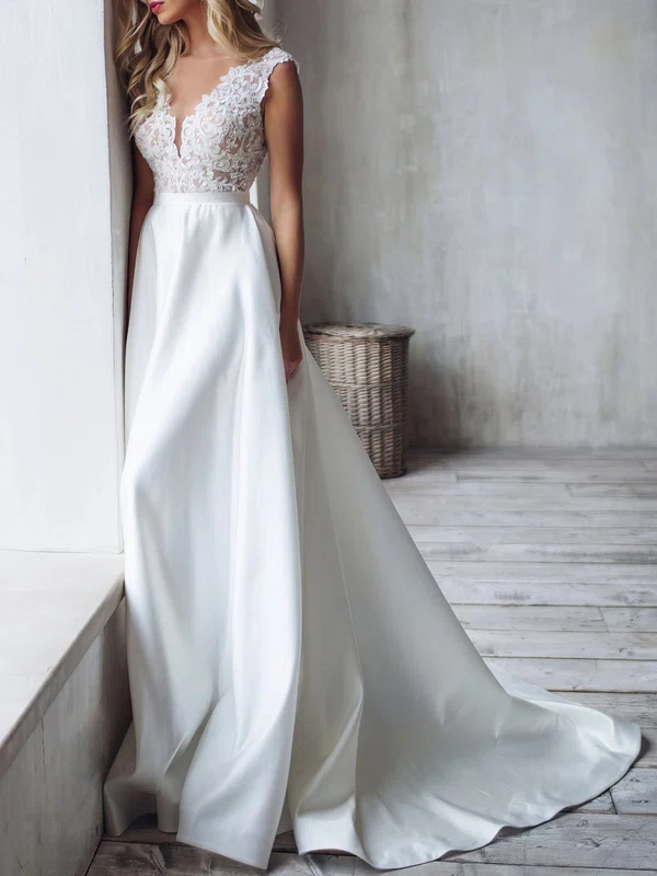 A-line V-neck Lace Satin Chapel Train Wedding Dress #Milly00026877