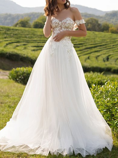 Ball Gown/Princess Off-the-shoulder Lace Tulle Court Train Wedding Dress #Milly00026880