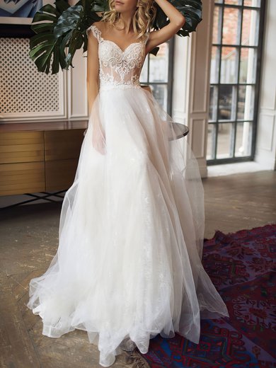 A-line Illusion Lace Tulle Sweep Train Wedding Dress #Milly00026881