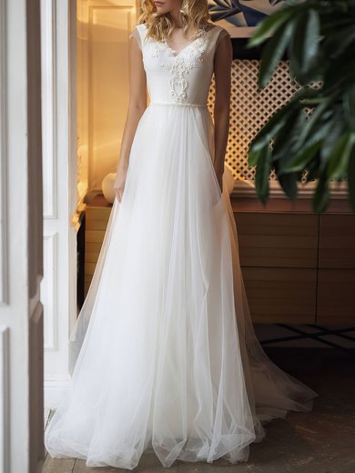 A-line Illusion Tulle Sweep Train Wedding Dress #Milly00026885