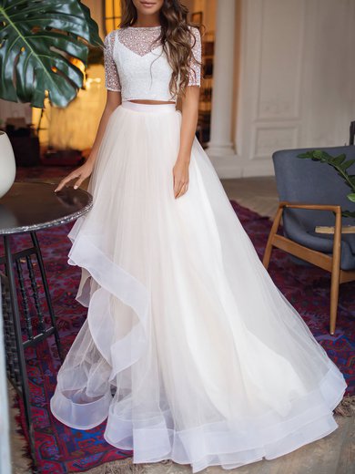 Ball Gown/Princess Boat Neckline Lace Tulle Court Train Wedding Dress #Milly00026887