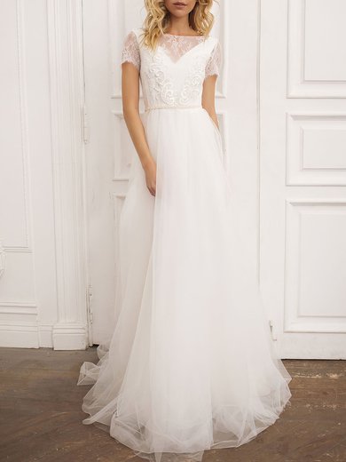 A-line Scoop Neck Lace Tulle Sweep Train Wedding Dress #Milly00026894