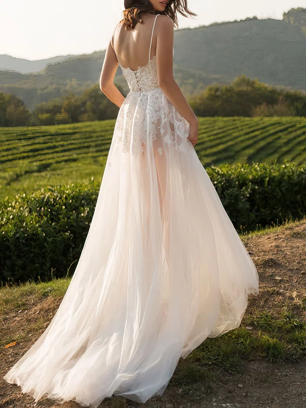 A-line Sweetheart Lace Tulle Court Train Wedding Dress #Milly00026895