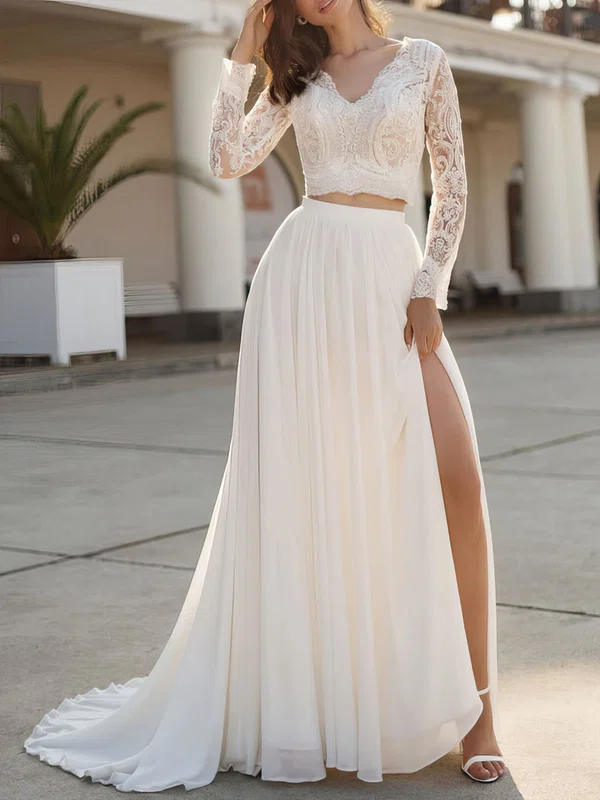 A-line V-neck Lace Chiffon Sweep Train Wedding Dress #Milly00026904